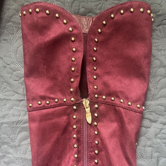 MACKIN J 181-1 Maroon Faux Suede Thigh High Pointy Toe Studded Stiletto Boot SZ8 - Picture 7 of 12